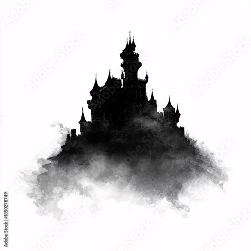 Dramatic castle silhouette with watercolor effect isolated on white background