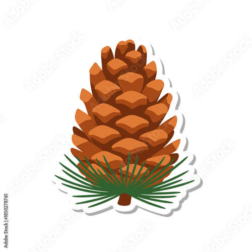 Pine Cone Sticker Illustration with Green Needles.