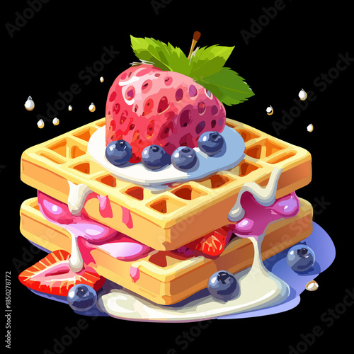 Stack of crispy golden waffles with strawberry blueberry topping and sweet syrup drizzle for dessert cafe - Vector Illustration