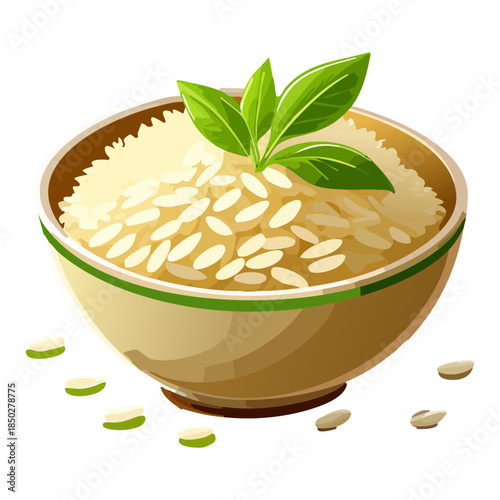 Healthy bowl of cooked white rice with aromatic green leaves for traditional oriental cuisine dining experience - Vector Illustration