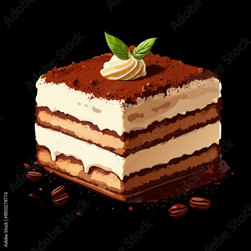 Layered tiramisu dessert with whipped cream topping and coffee beans for premium bakery shop cafe menu advertisement - Vector Illustration