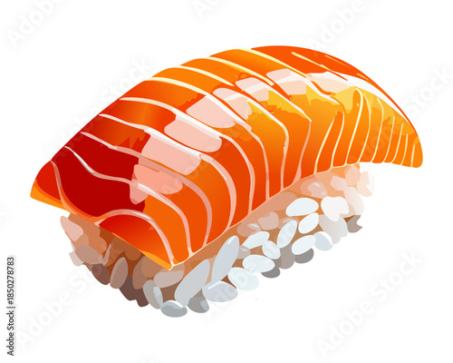 Fresh salmon nigiri sushi piece with glossy texture and seasoned vinegar rice for authentic japanese seafood cuisine - Vector Illustration