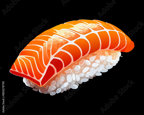 Single piece of fresh salmon nigiri sushi with delicate orange texture and white rice for japanese dining - Vector Illustration