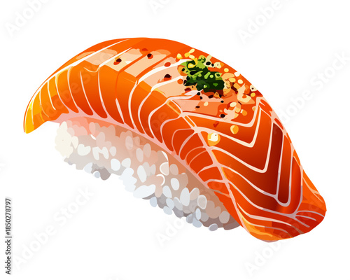 Single piece of fresh salmon nigiri sushi with delicate texture and rice for authentic japanese dining - Vector Illustration