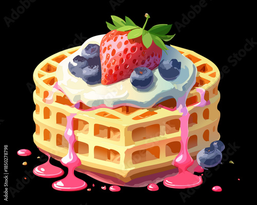 Sweet breakfast waffles topped with fresh strawberries blueberries and whipped cream for dessert cafe menu - Vector Illustration