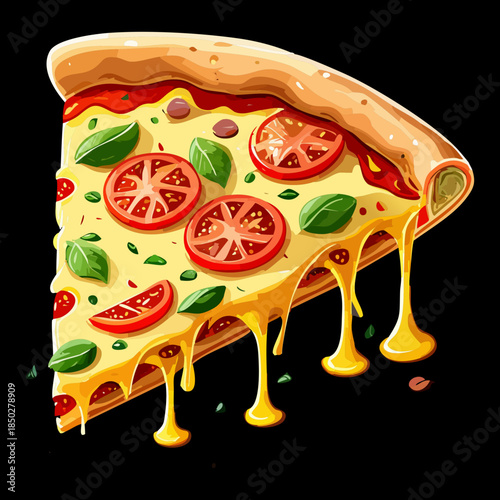 Large slice of cheesy italian pizza topped with fresh tomato slices and aromatic basil on black background - Vector Illustration