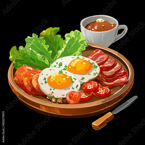 Healthy morning breakfast plate with two fried eggs crispy bacon and fresh green salad with coffee - Vector Illustration