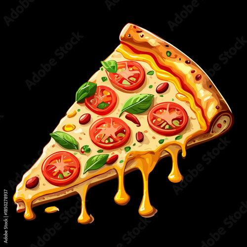 Single slice of delicious italian pizza with melted mozzarella cheese tomato slices and fresh basil leaves - Vector Illustration