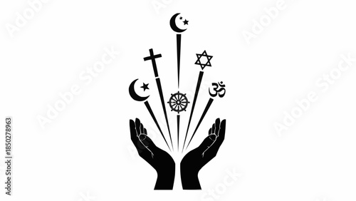 Diverse Religious Symbols Ascending from Open Hands, Representing Unity and Spirituality