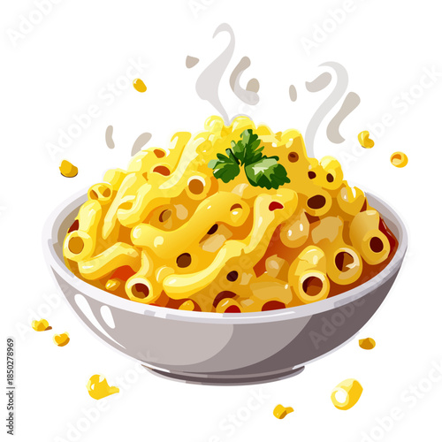 Bowl of creamy macaroni and cheese pasta with herbs and steam for warm comfort food dinner meal - Vector Illustration