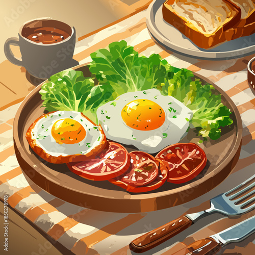 Morning breakfast set with fried eggs grilled tomatoes fresh lettuce and coffee for energized daily start menu - Vector Illustration