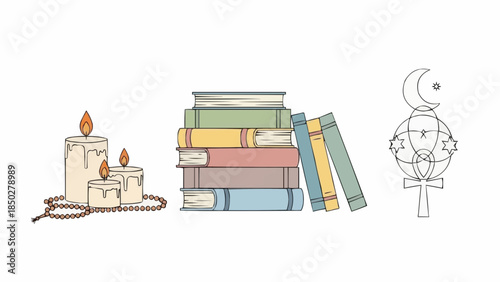Candles, rosary beads, stacked books, and a crescent moon ankh symbolizing spiritual and intellectual pursuits