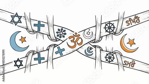 Symbols of World Religions Entwined and Bound, Representing Unity and Conflict