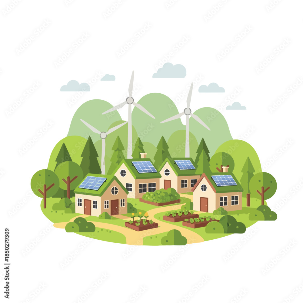 Naklejka premium Green energy concept visual showing solar-powered homes, wind turbines, and local farming in an eco-conscious village setting