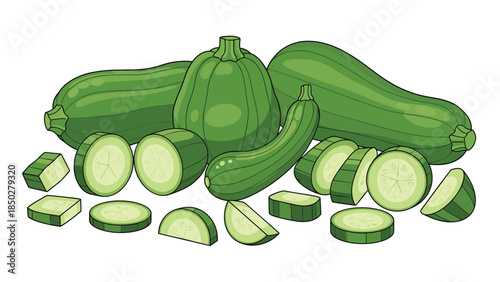 Abundant display of fresh green zucchini in various forms including whole, halved, sliced, and diced pieces, neatly arranged, representing a healthy and versatile vegetable for culinary use.
