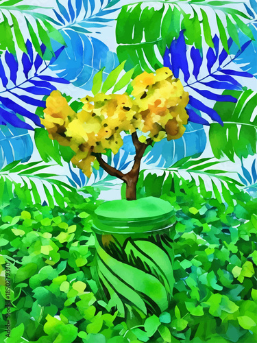 A handmade tree with yellow crown in the green pot surrounded by lush artificial weed and grass against the background with blue palm leaves; a summer-vibes vector illustration and digital painting