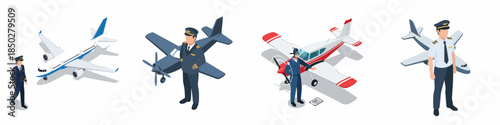 Isometric Detailed Diverse Aviation Pilot and Airplane Collection Set Illustration