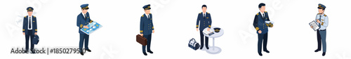 Isometric Professional Aviation Pilot Character in Different Poses and Situations Illustration Set
