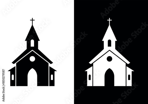 Church building silhouette icon in black and white