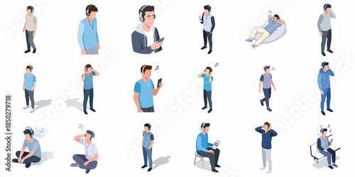 Isometric Diverse Men Listening Music with Headphones in Various Poses Illustration