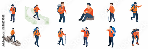 Isometric Man Hiking Adventure Activities Illustration with Backpack and Hiking Pole