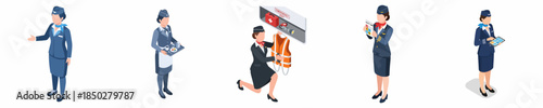 Isometric Air Hostess Staff Characters in Various Poses Airline Category