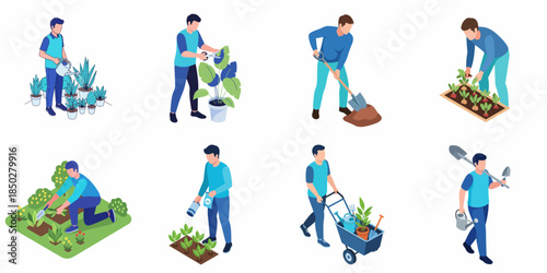 Isometric Style Detailed Gardener Characters Gardening Activity Set Illustration