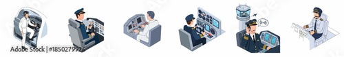 Isometric Style Detailed Pilot and Air Traffic Controller Aviation Illustration Set