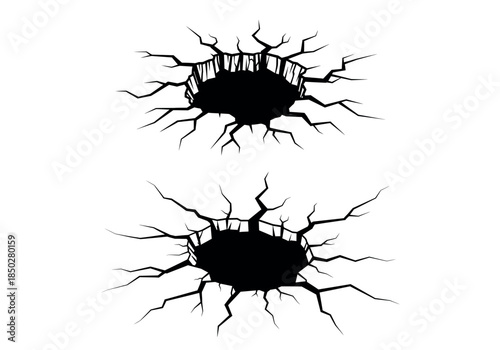 Set of two cracked ground holes, black silhouette, isolated on illustration