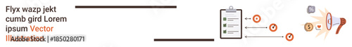Project management, task organization, data analysis, workflow, communication, business planning. Clipboard with checkmarks and flowing icons. Task organization and data analysis