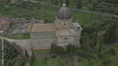 Drone flying around the Renaissance church of Santa Maria delle Grazie, near the town of Cortona