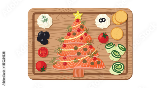 Festive Christmas tree-shaped salmon platter elegantly arranged with capers, cherry tomatoes, dill, and cream cheese on a wooden board, perfect for holiday appetizers and gourmet dining.