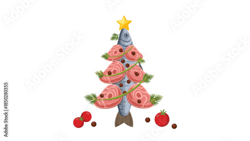 Unique Christmas tree created from a whole fish adorned with salmon slices, dill sprigs, and red berries, symbolizing a creative and festive seafood dish for holiday celebrations.