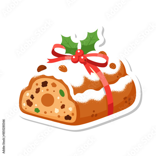 Traditional Christmas Stollen Cake with Icing and Holly Decoration.