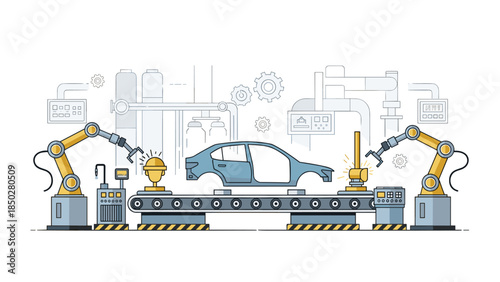 Detailed car assembly line with robotic arms precisely working on a car body on a conveyor belt, showcasing the intricate processes and advanced technology in modern automotive manufacturing.