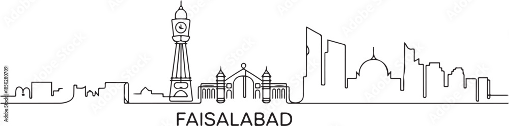 Obraz premium Stylish single line drawing of Faisalabad city skyline in Pakistan, featuring iconic Clock Tower and modern buildings; a skyline concept themed around Punjab's. one line Icon drawing