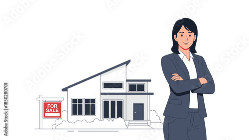 Professional female real estate agent standing confidently with crossed arms in front of a modern house featuring a "for sale" sign, symbolizing property transactions and home selling services.