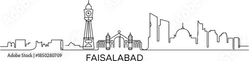 Stylish single line drawing of Faisalabad city skyline in Pakistan, featuring iconic Clock Tower and modern buildings; a skyline concept themed around Punjab's. one line Icon drawing