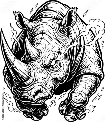 Aggressive Rhinoceros Illustration Black and White Engraving Style