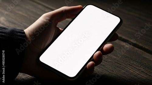 Hand Holding Smartphone Mockup with Empty White Screen on Wooden Table Surface