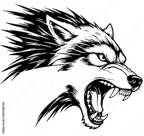 Dynamic aggressive wolf head profile line art drawing.