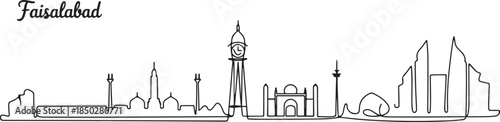 Stylish single line drawing of Faisalabad city skyline in Pakistan, featuring iconic Clock Tower and modern buildings; a skyline concept themed around Punjab's. one line Icon drawing