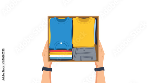 Hands holding an open cardboard box filled with a tidy collection of neatly folded shirts, sweaters, and jeans.