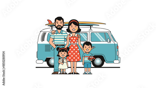 Happy family with two children standing in front of their vintage camper van, ready for an exciting road trip adventure.