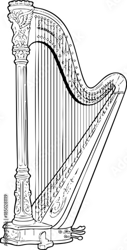 Detailed Line Art Illustration of a Classical Harp Instrument