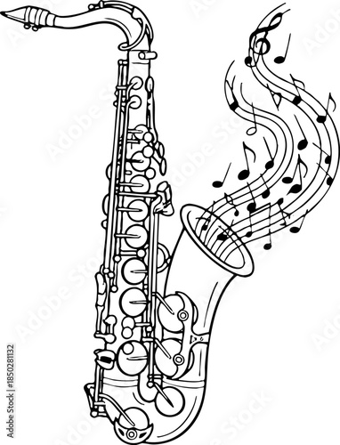Classic Jazz Saxophone Sketch with Flowing Music Notes Design