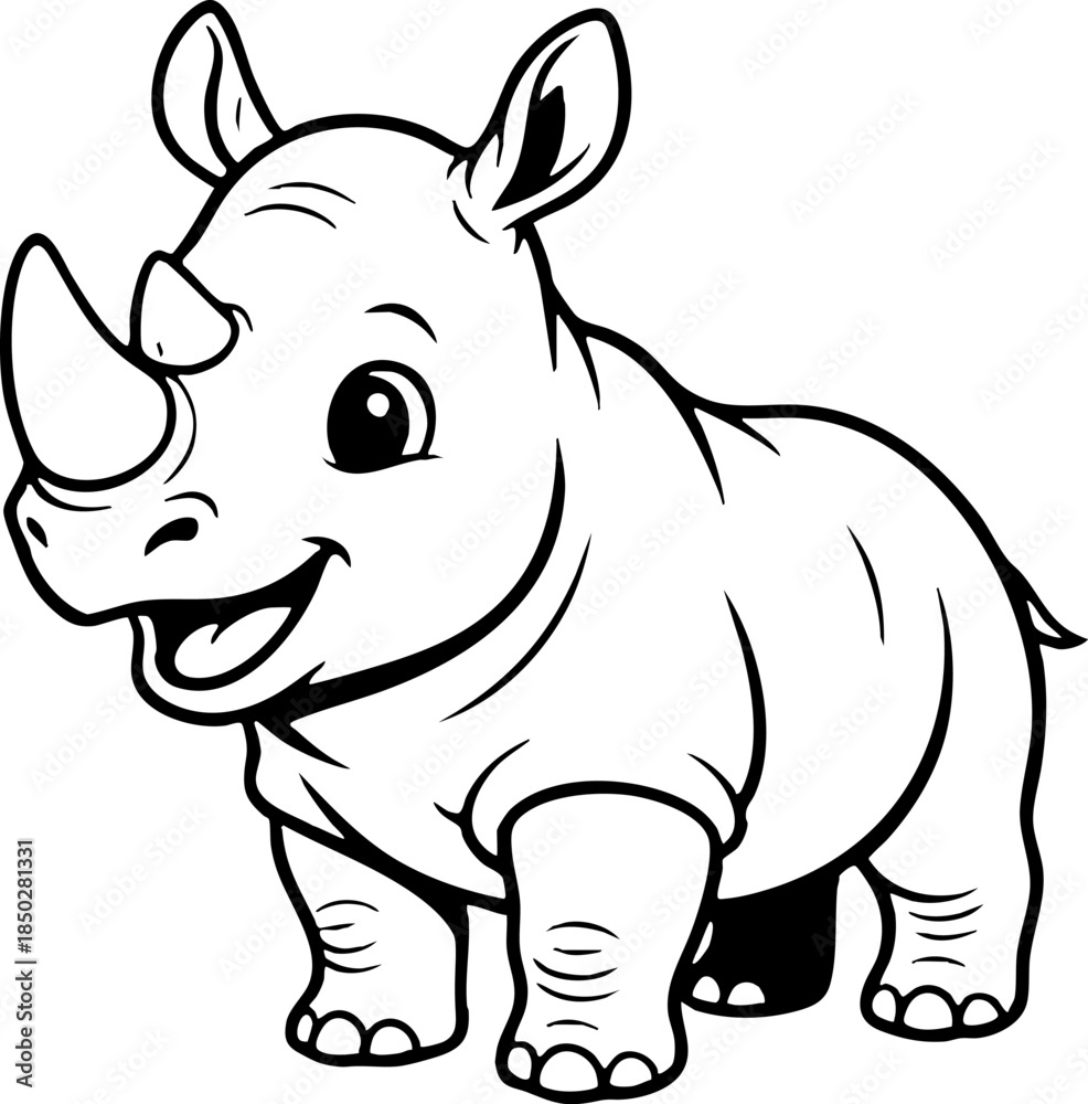 Fototapeta premium Smiling Baby Rhino Cartoon Outline Graphic for Coloring Book