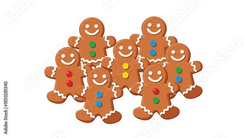 A delightful group of smiling gingerbread men cookies, each adorned with colorful candy buttons, perfect for holidays.