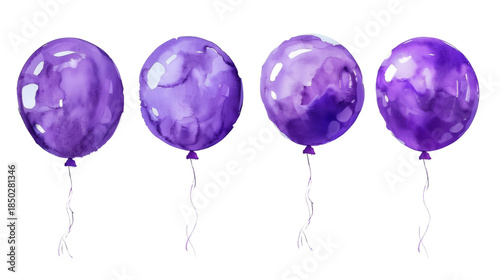 Set of purple balloons watercolor isolated on white background