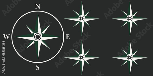 Compass icon flat simple outline logo. Minimal Compass Rose Vector Icon Set Featuring Modern and Classic Navigation Designs for Maps, Travel, and Wayfinding Applications. North, South, East and West